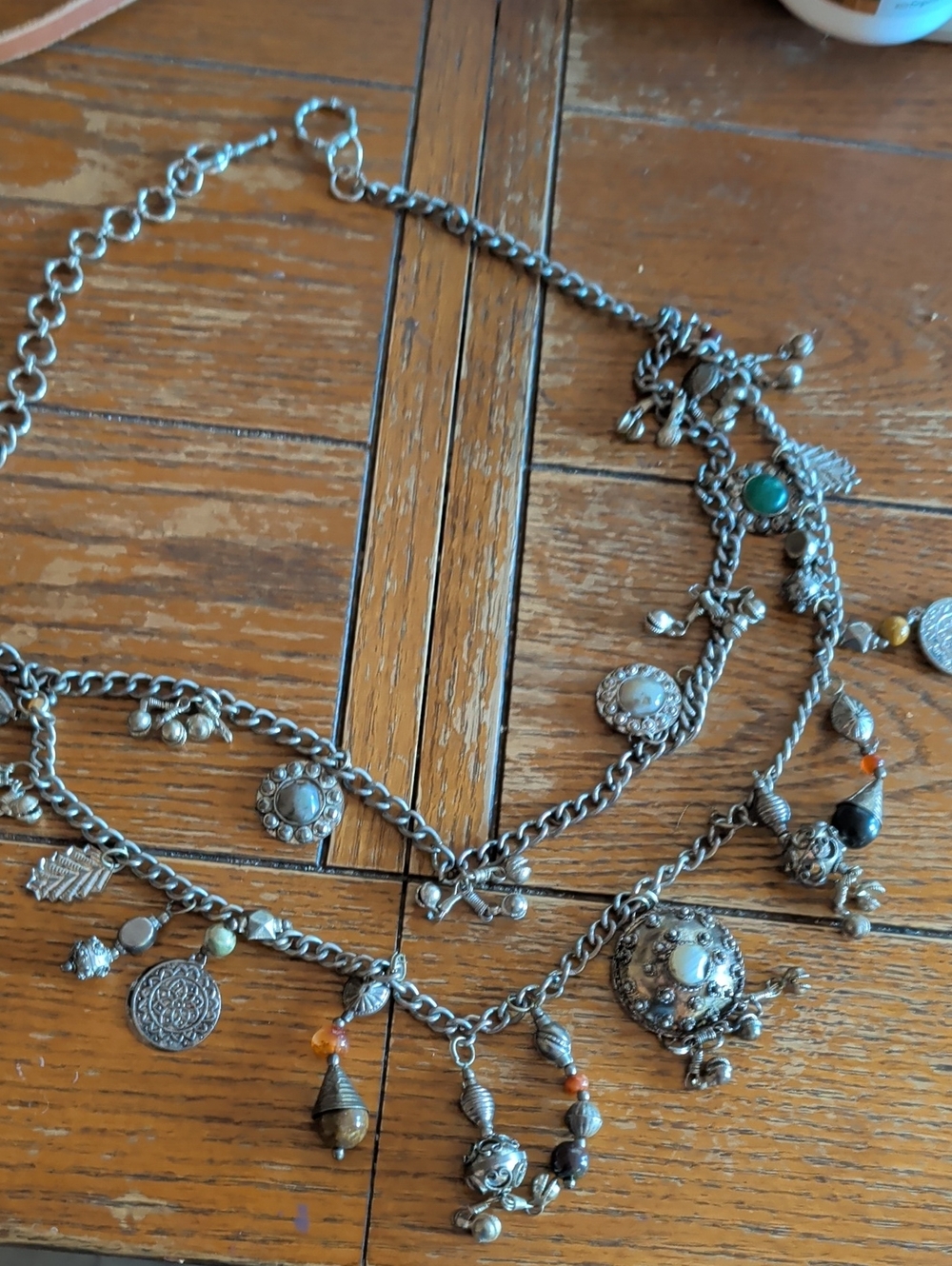 Silver-Tone Boho Charmbelly Dancing For Waist with Green and Cream Vintage